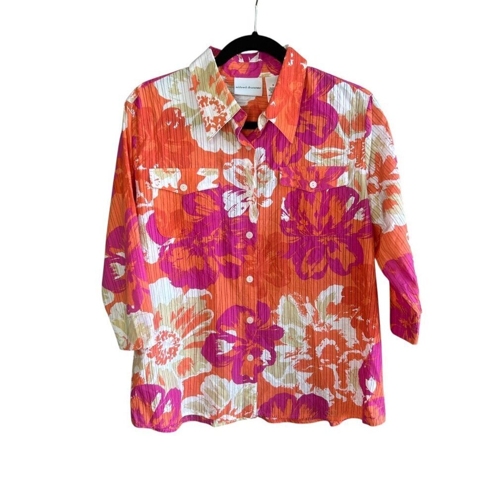 Alfred Dunner Colorful Tropical Beachy Floral Button Front Shirt Size 14